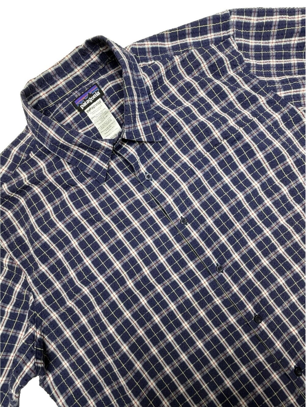 Patagonia Mens XL Puckerware Shirt Blue Plaid Seersucker Short Sleeve Cotton